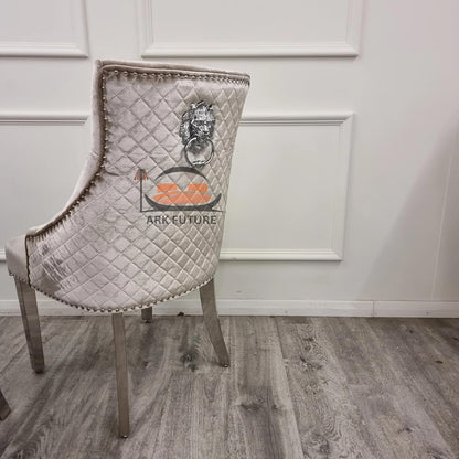 Bentley Luxury Velvet Dining Chairs – Chrome Legs, Lion Knocker
