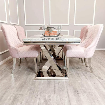 Kate Pink Velvet Dining Chairs – Set of 4, Chrome Legs, Back Clasp