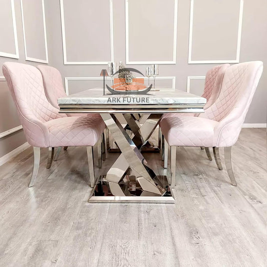 Kate Pink Velvet Dining Chairs – Set of 4, Chrome Legs, Back Clasp