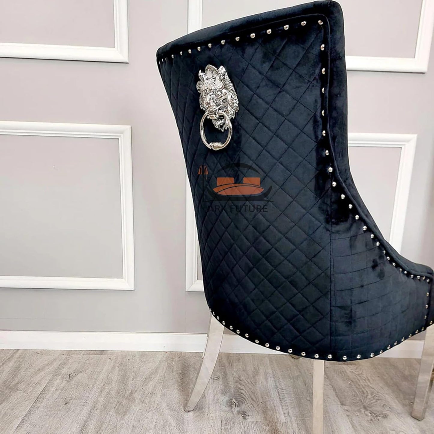 Bentley Luxury Velvet Dining Chairs – Chrome Legs, Lion Knocker