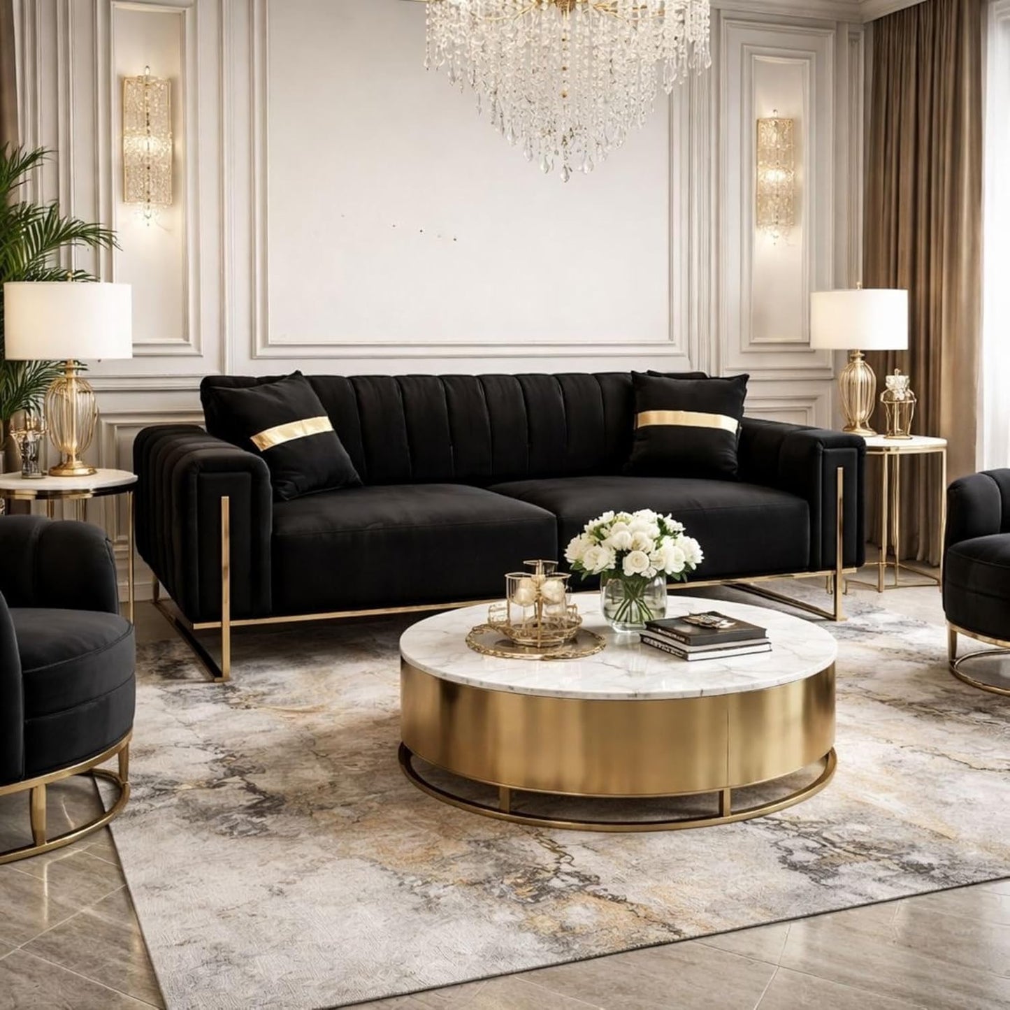 Genova 3+2 Seater Sofa Set Black Velvet with Gold Detailing