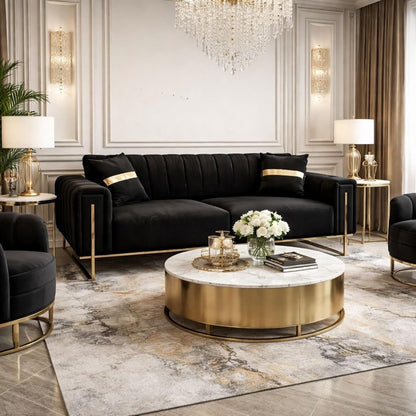 Genova 3+2 Seater Sofa Set Black Velvet with Gold Detailing