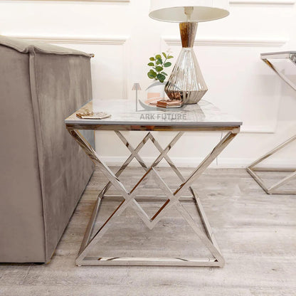 Vesta Chrome Lamp Table with Ash Sintered Stone Top