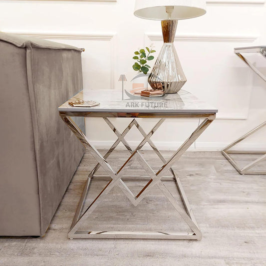 Vesta Chrome Lamp Table with Ash Sintered Stone Top