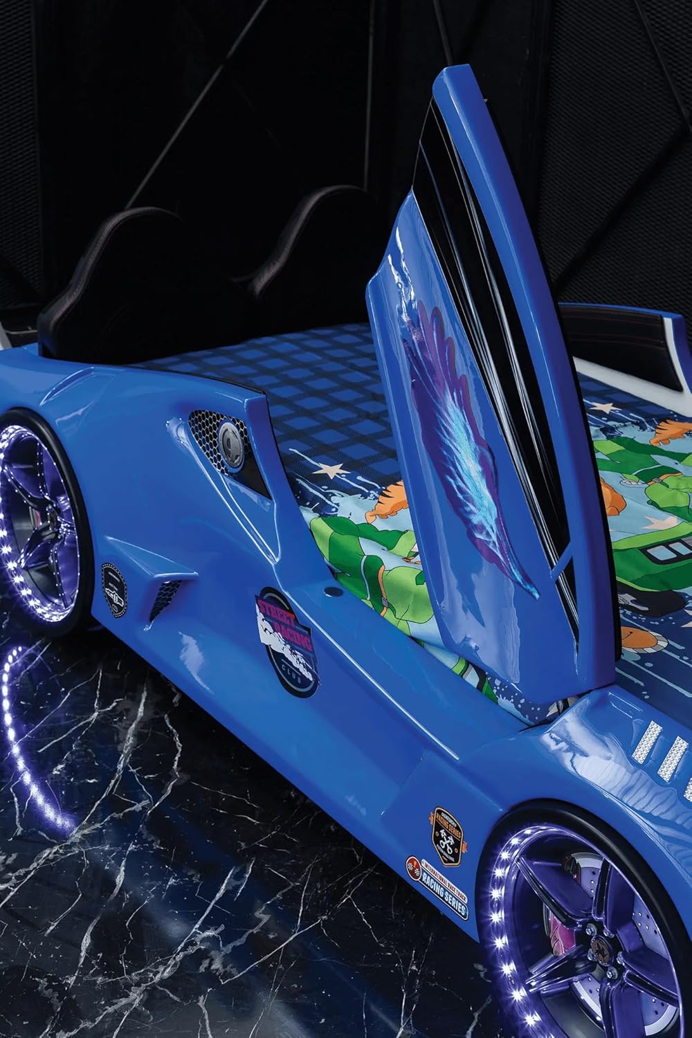 Racing Car Bed for Kids – LED lights, remote control, leather cushioning!