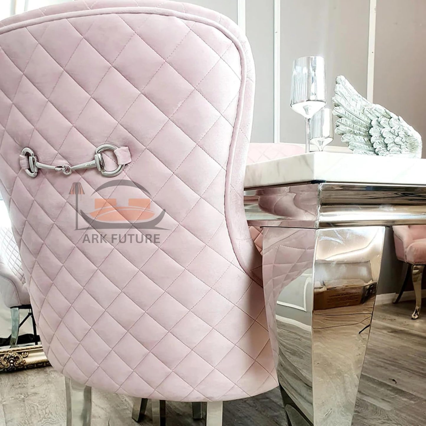 Kate Pink Velvet Dining Chairs – Set of 4, Chrome Legs, Back Clasp