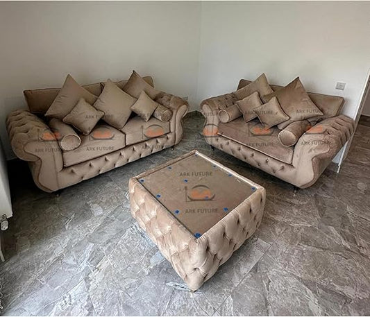 Malibo Beige Plush Velvet, 3 plus 2 Seater Sofa Set with Coffee Table
