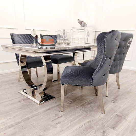Elegant Chelsea Shimmer Velvet Dining Chairs – Chrome Legs & Lion Knocker, Set of 4