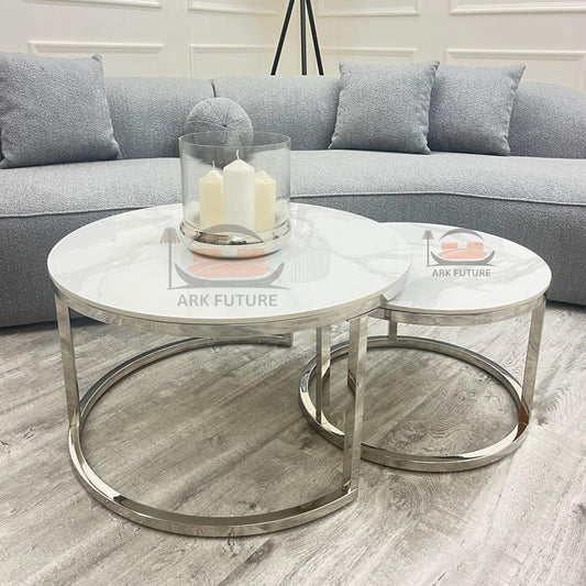Cato Nest of 2 Short End Tables with Polar White Stone Tops