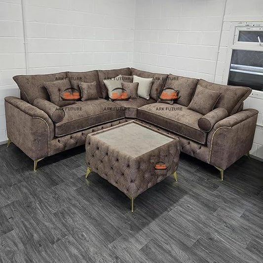 Trendy Chesterfield Corner Sofa with Coffee Table in Plush Velvet Fabric