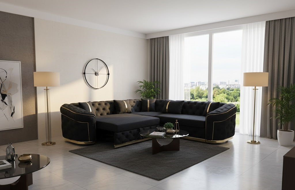 Azure Chesterfield Black Plush Velvet Sofa