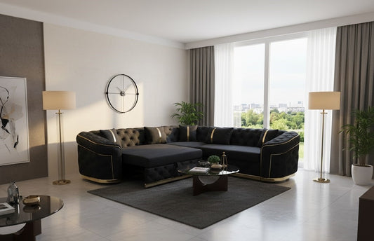 Azure Chesterfield Black Plush Velvet Sofa