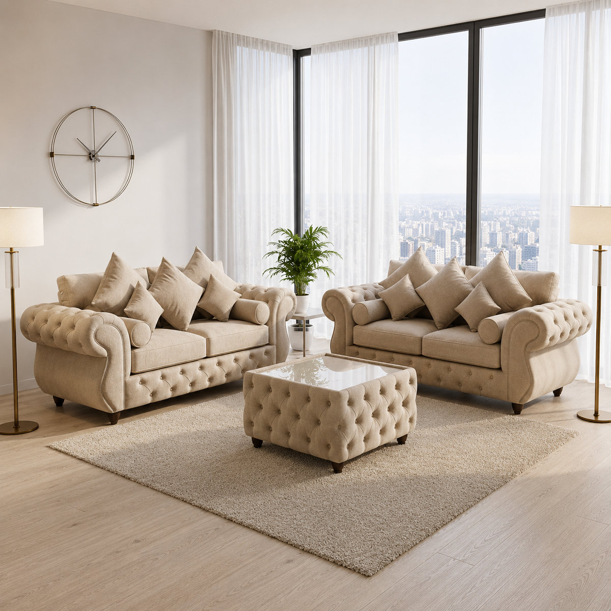 Malibo Beige Plush Velvet, 3 plus 2 Seater Sofa Set with Coffee Table