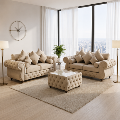 Malibo Beige Plush Velvet, 3 plus 2 Seater Sofa Set with Coffee Table