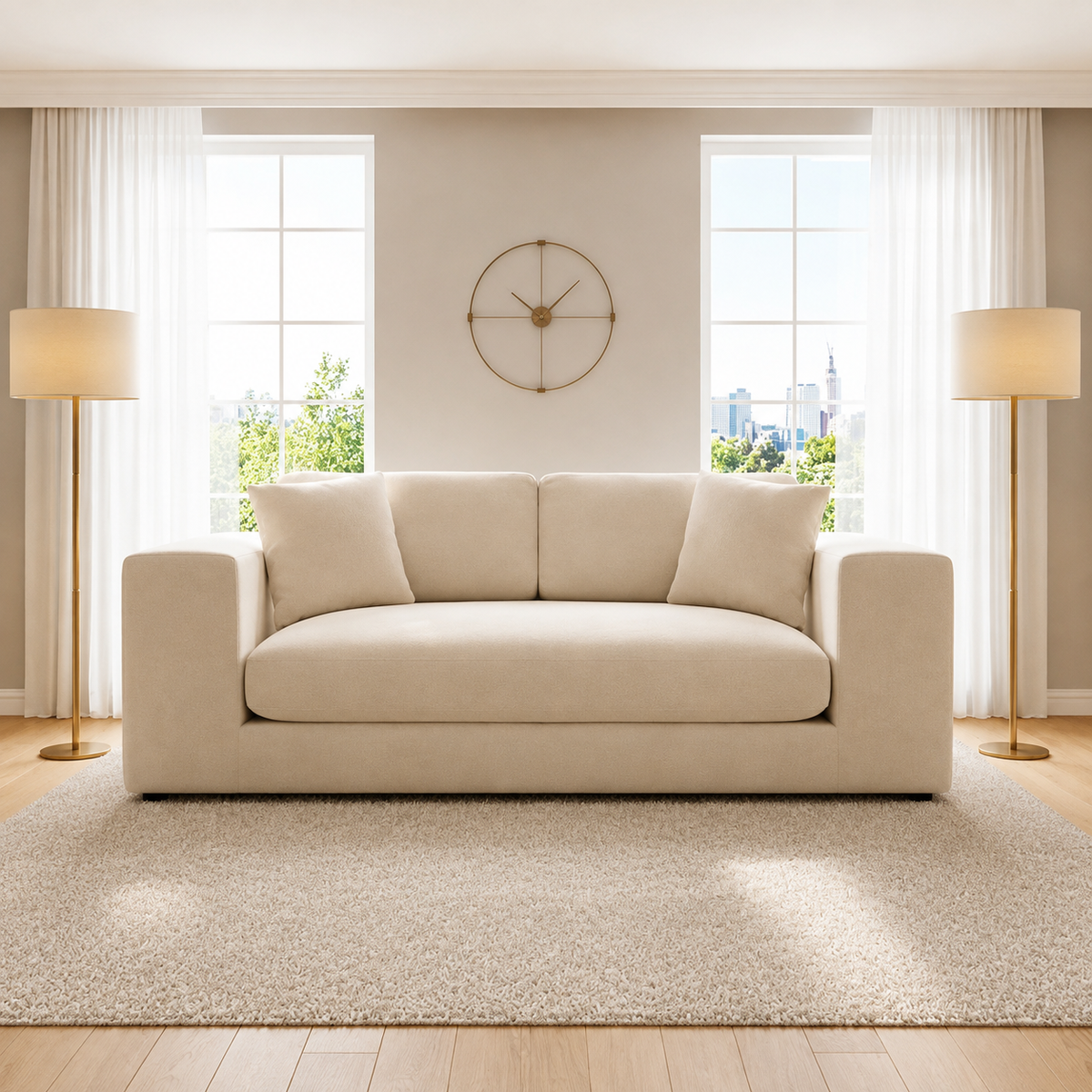 Biege 3 Seater Sofa in Plush Velvet Fabric