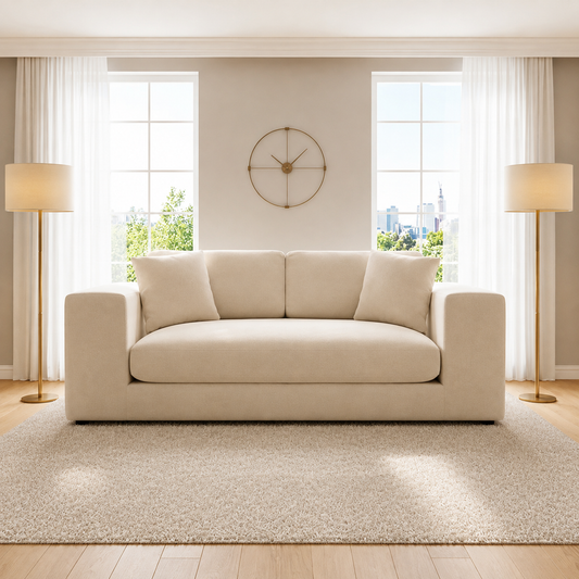 Biege 3 Seater Sofa in Plush Velvet Fabric