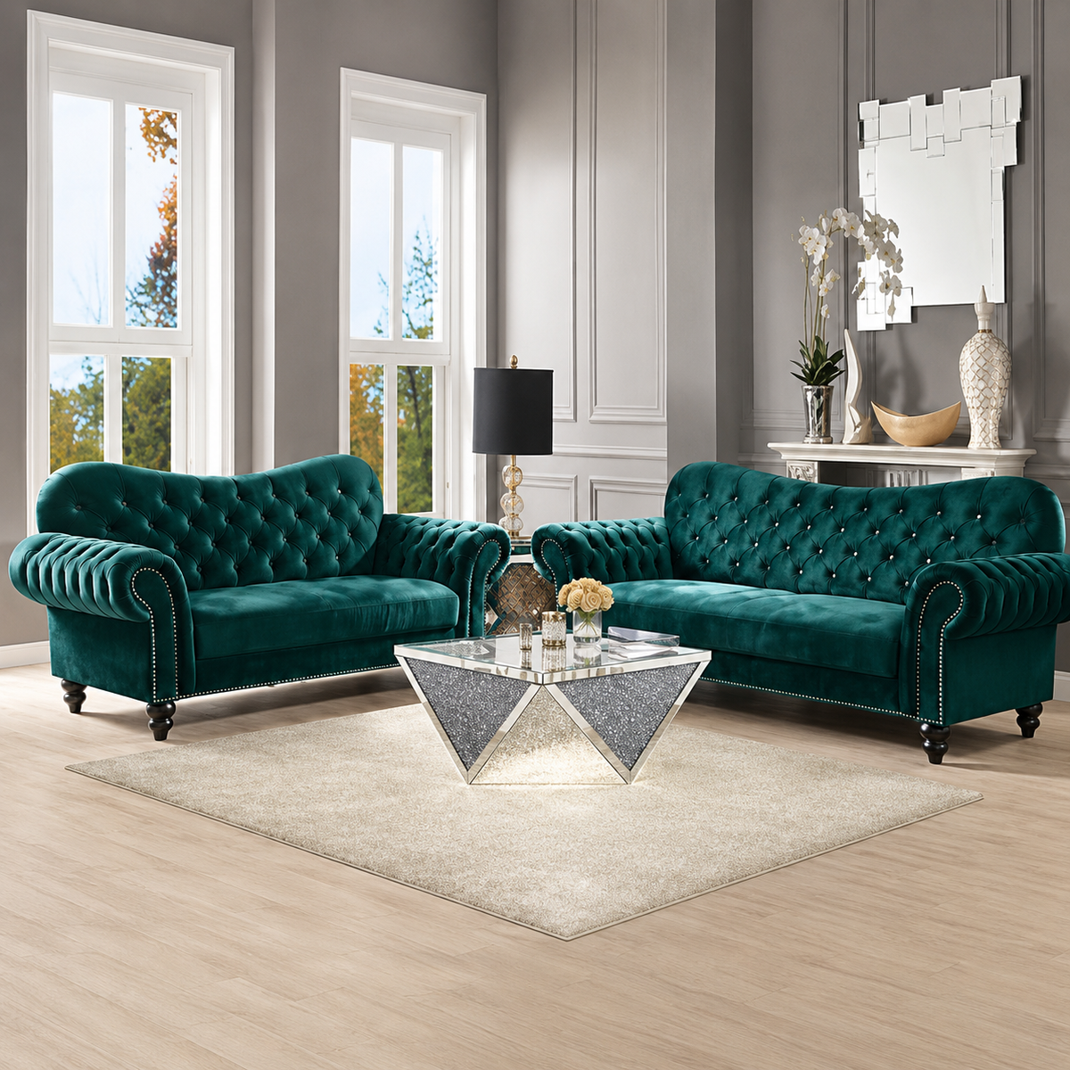 Siera Italian Chesterfield Green Plush Velvet Sofa in 3 Plus 2