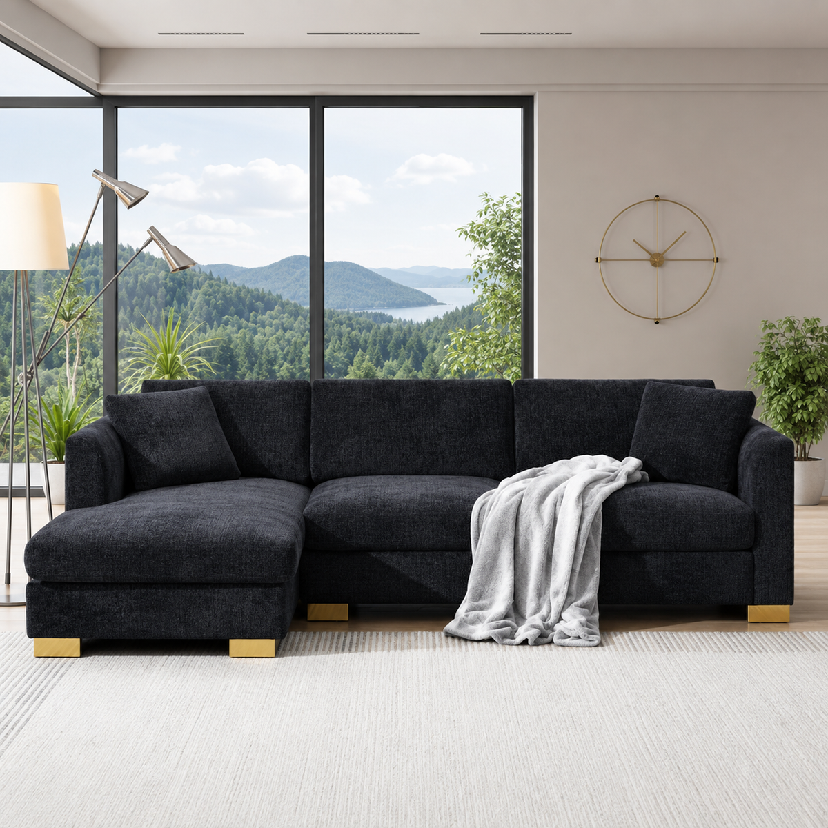 Aura Luxury Black Corner Sofa In Plush Velvet Fabric