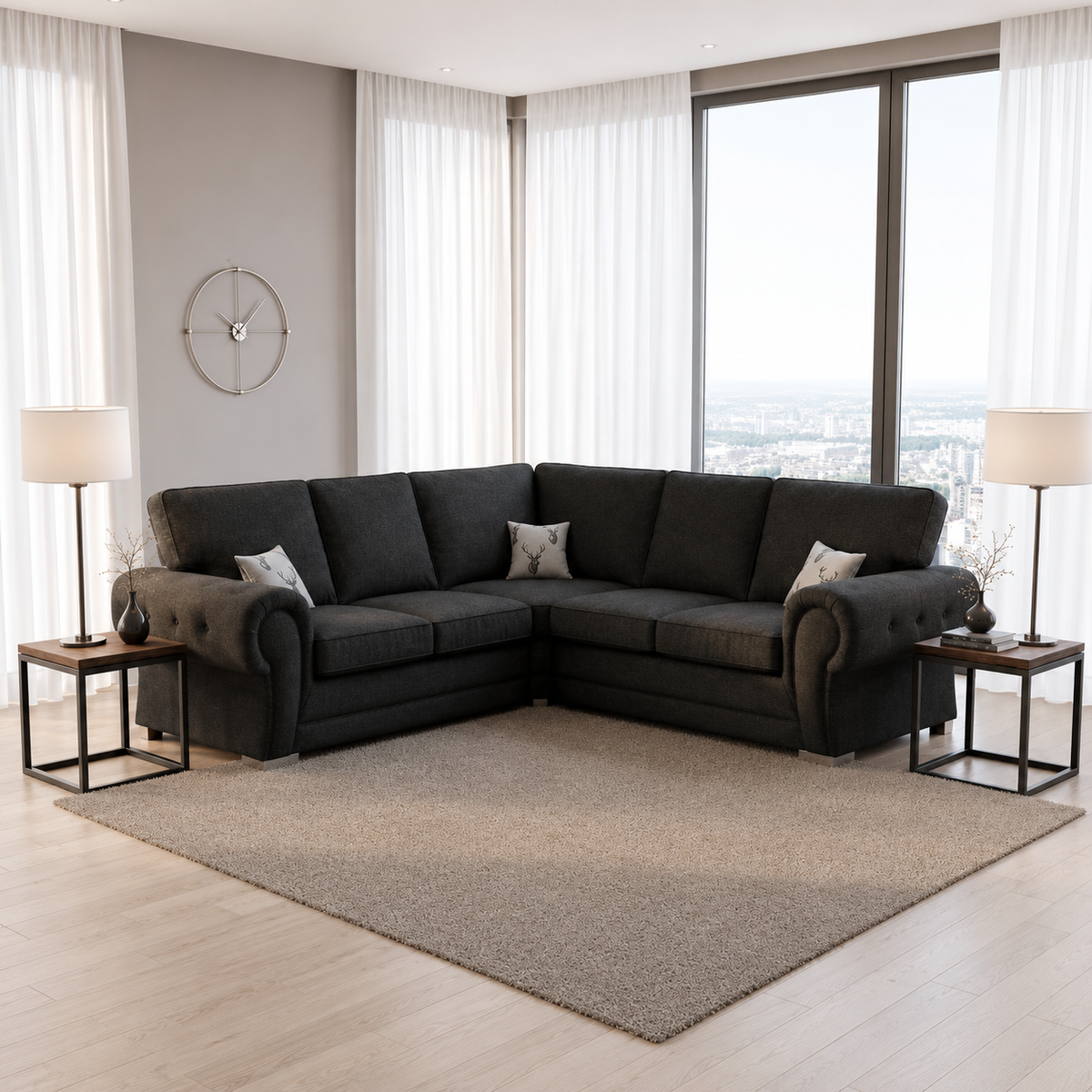 Patron Corner 5 Seater Sofa in Plush Velvet Fabric