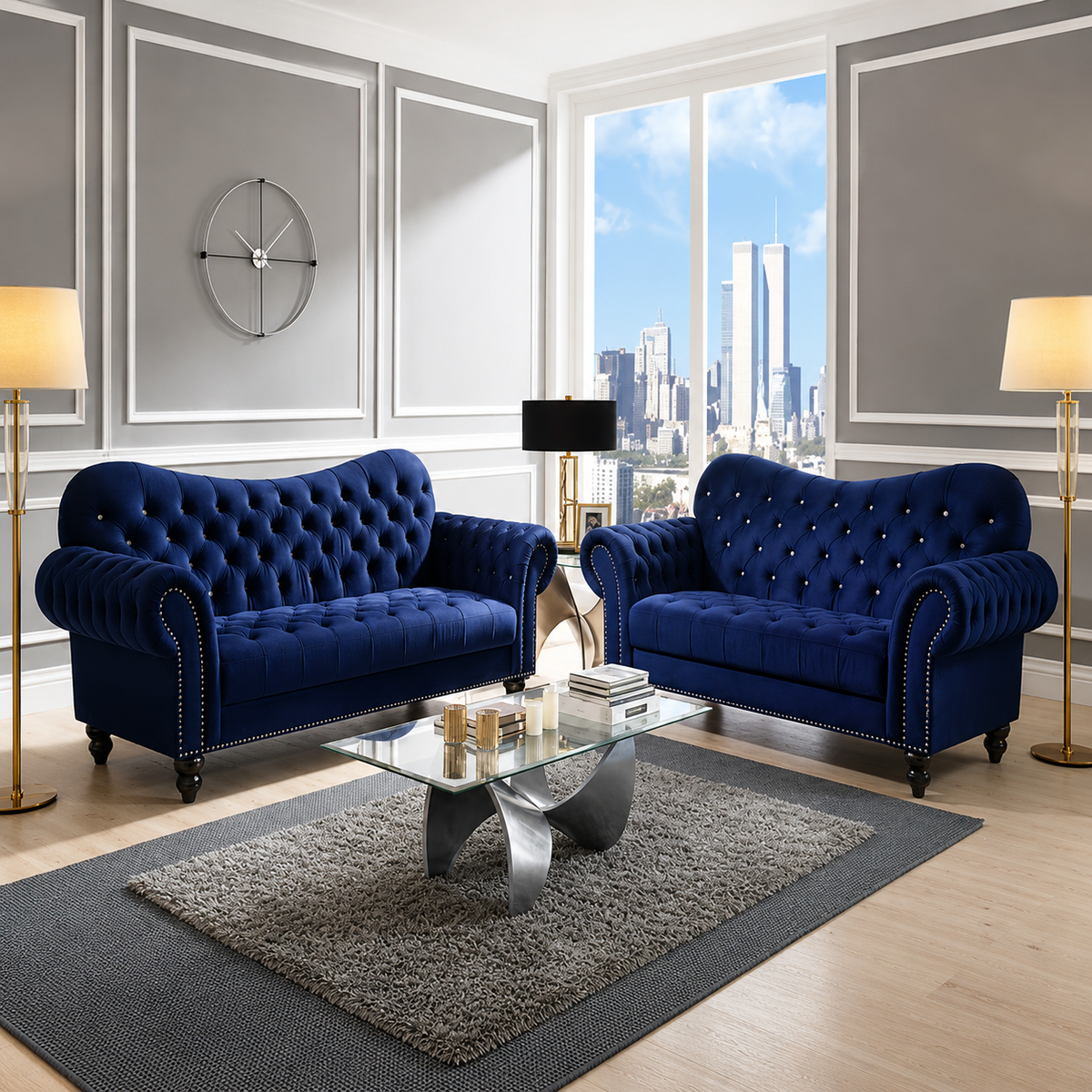 Siena Italian Chesterfield 2 Seater & 3 Seater Blue Velvet Sofa Set