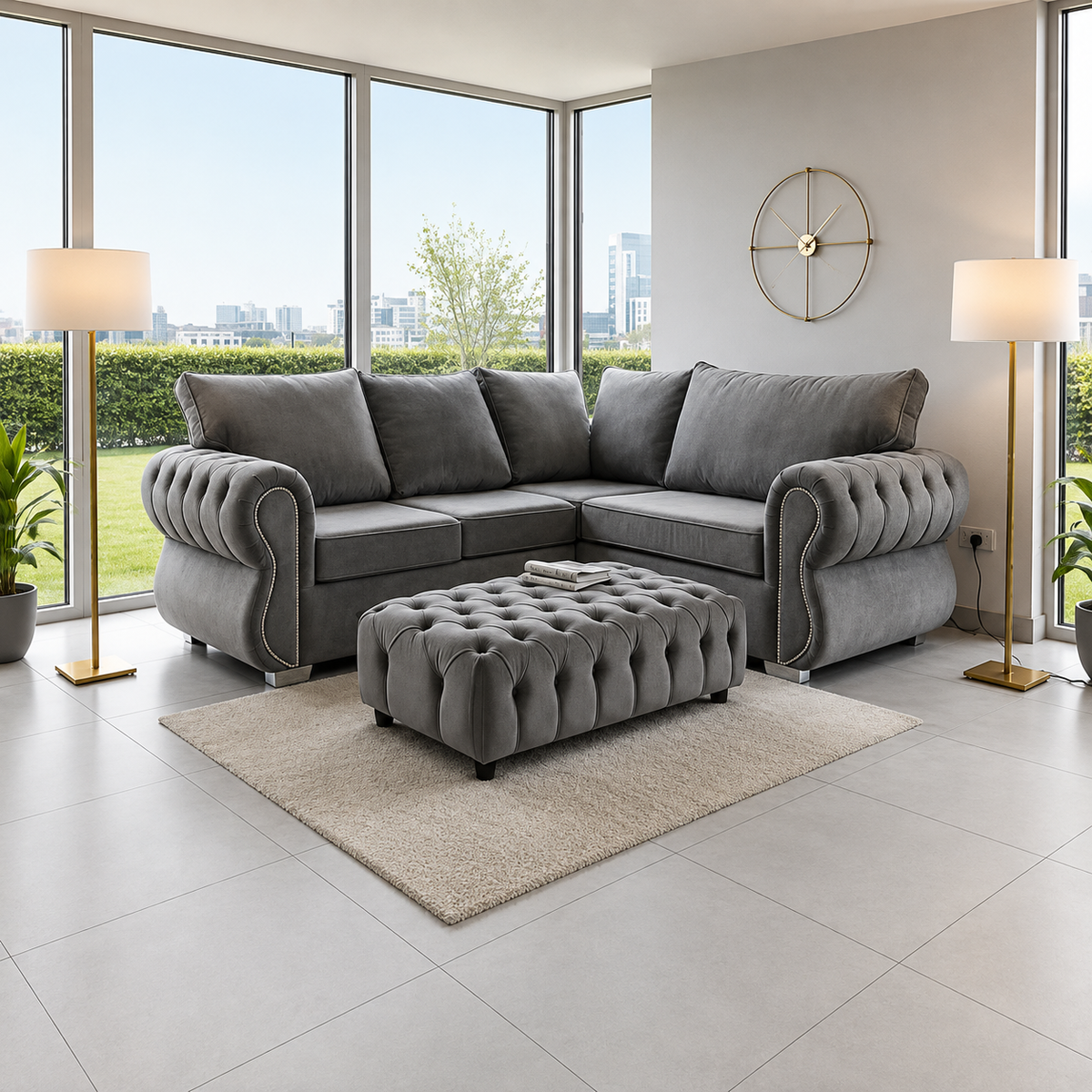 Rafter Chesterfield 5 Seater Corner Sofa with Coffee Table in Plush Velvet Fabric