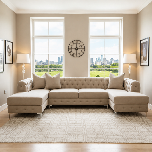 Cream Velvet U Shaped 6 Seater Corner Sofa Chesterfield Velvet Chaises