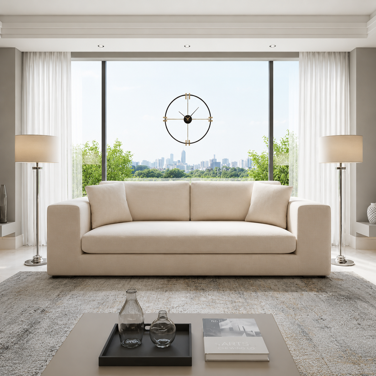 4 Seater Biege Sofa in Plush Velvet Fabric