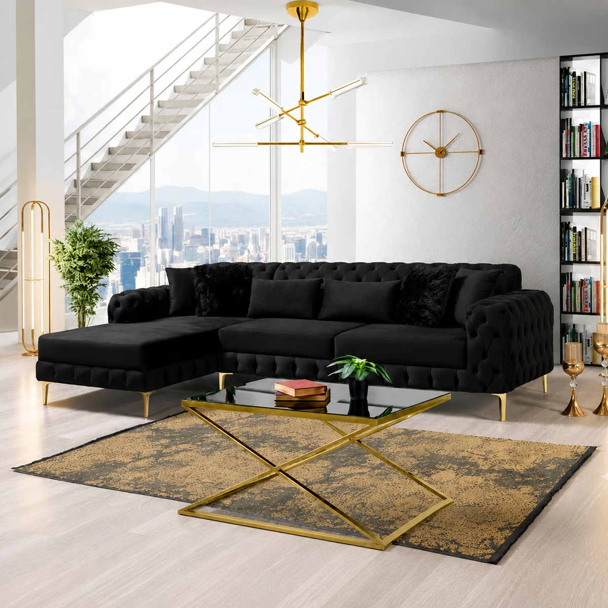 Shaggy Luxurious L-Shaped Lounge Sofa with Right/Left Chaises Option In Plush Velvet Fabric