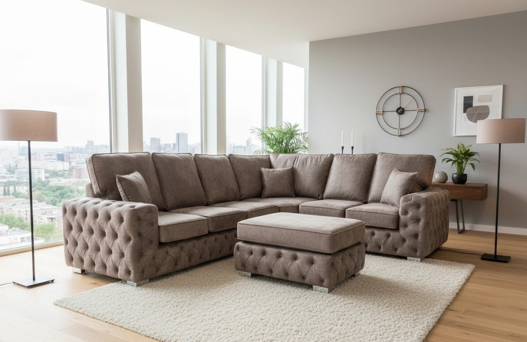 Ashton Chesterfield Corner Sofa – High Back Cushion L-Shaped Fabric Sofa with Matching Footstool