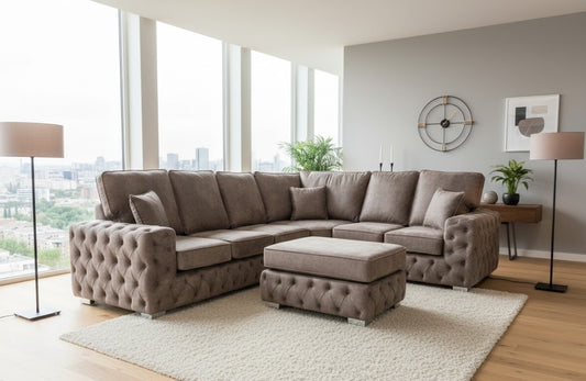 Ashton Chesterfield Corner Sofa – High Back Cushion L-Shaped Fabric Sofa with Matching Footstool