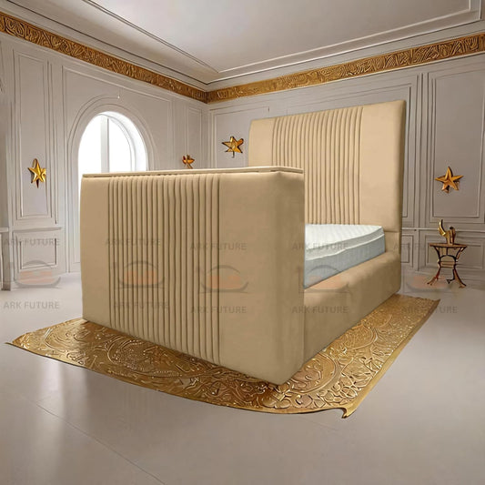 Genna Plush TV Bed Frame – Modern Upholstered Bed with TV Lift & Storage