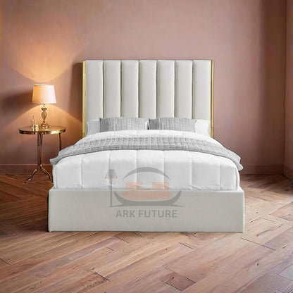 Aurora Fabric Bed with Gold Trim & Ottoman Storage