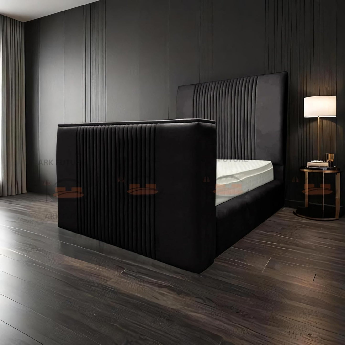 Genna Plush TV Bed Frame – Modern Upholstered Bed with TV Lift & Storage
