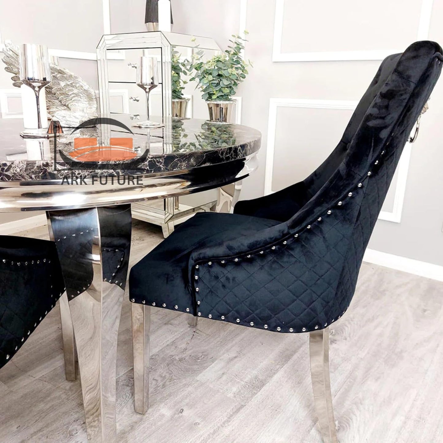 Bentley Luxury Velvet Dining Chairs – Chrome Legs, Lion Knocker