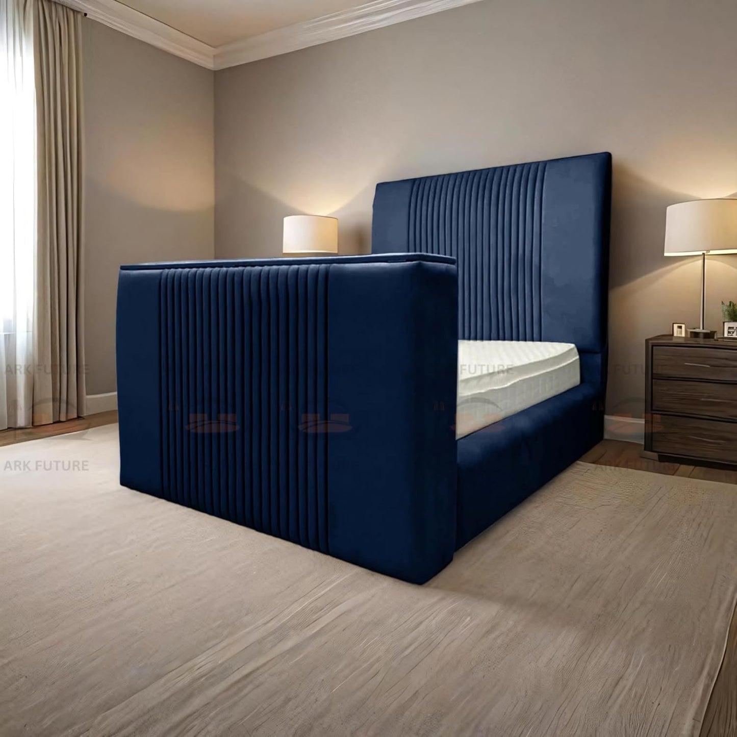 Genna Plush TV Bed Frame – Modern Upholstered Bed with TV Lift & Storage
