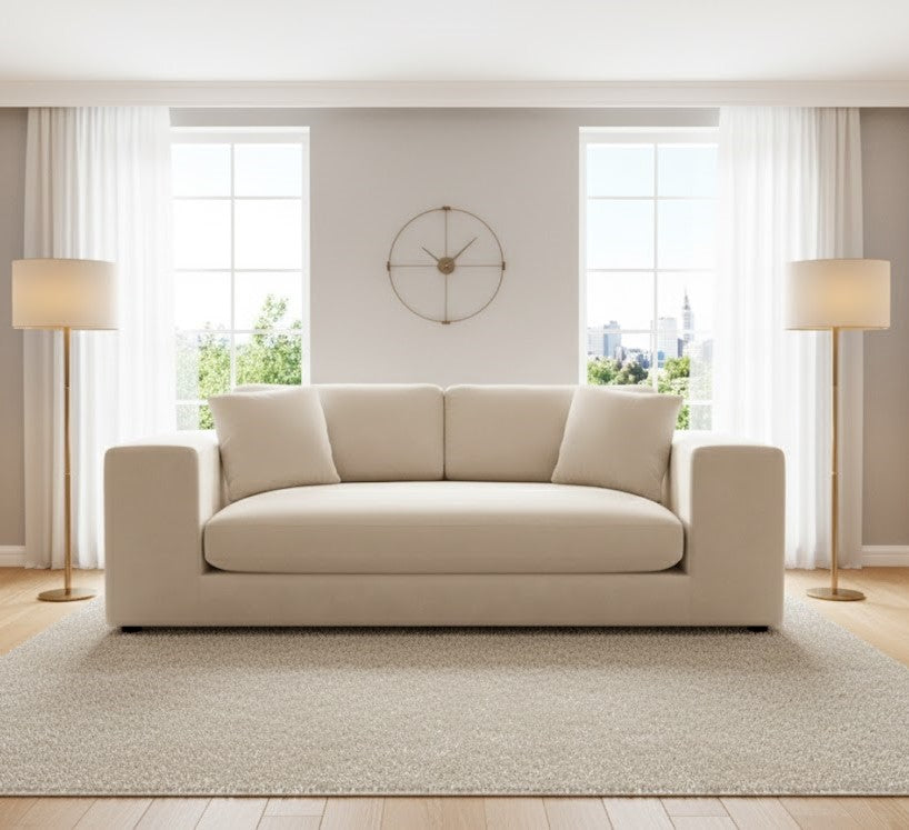 Biege 3 Seater Sofa in Plush Velvet Fabric