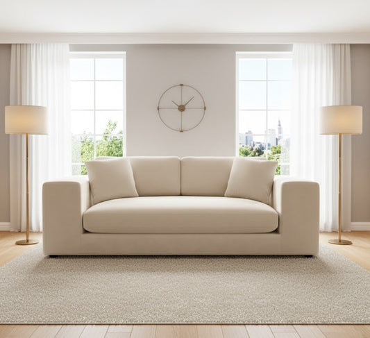 Biege 3 Seater Sofa in Plush Velvet Fabric