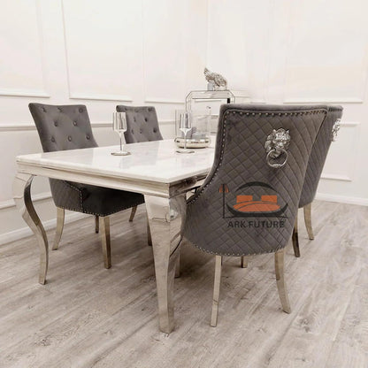 Bentley Luxury Velvet Dining Chairs – Chrome Legs, Lion Knocker