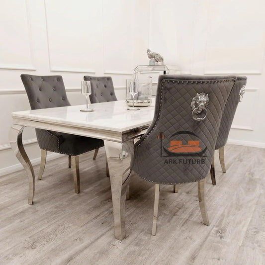 Bentley Luxury Velvet Dining Chairs – Chrome Legs, Lion Knocker
