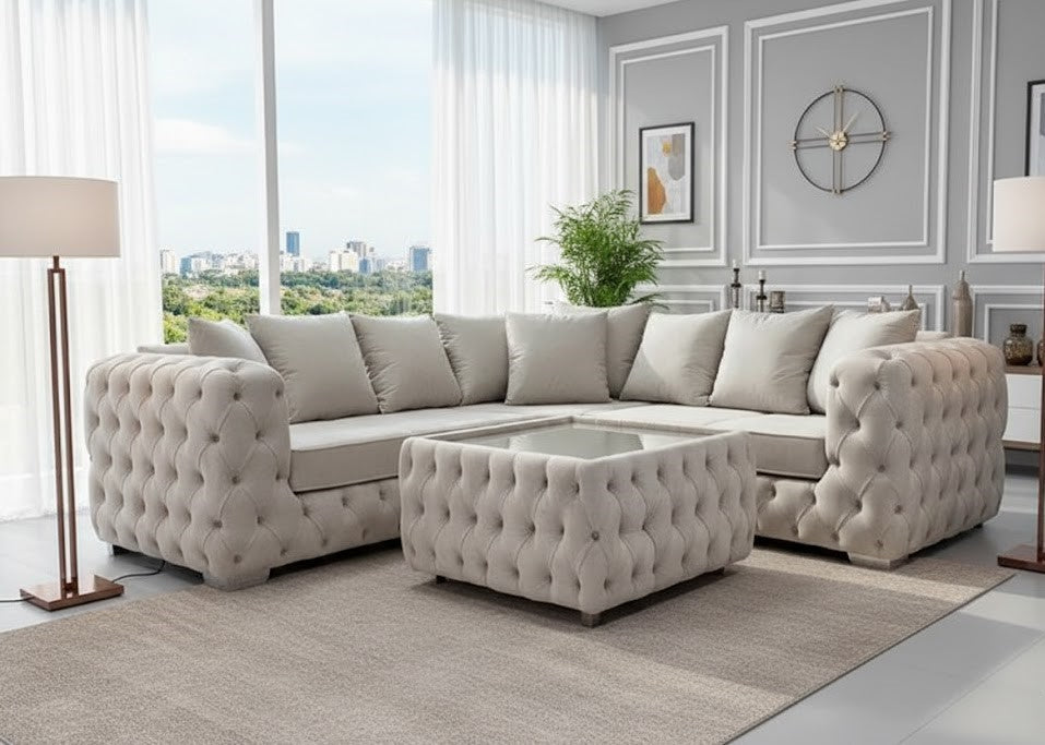 Faramade Chesterfield Corner Sofa in Plush Velvet with Coffee Table