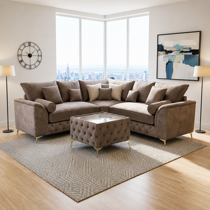 Trendy Chesterfield Corner Sofa with Coffee Table in Plush Velvet Fabric