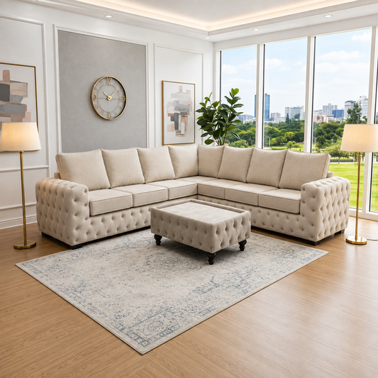Ashton Chesterfield Corner Sofa with High Back Cushioned Plush Velvet