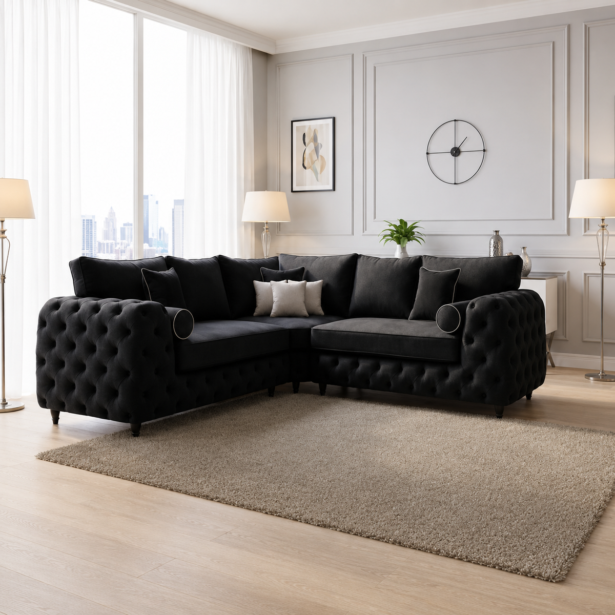 Hugo Chesterfield Corner Sofa in Plush Velvet Fabric