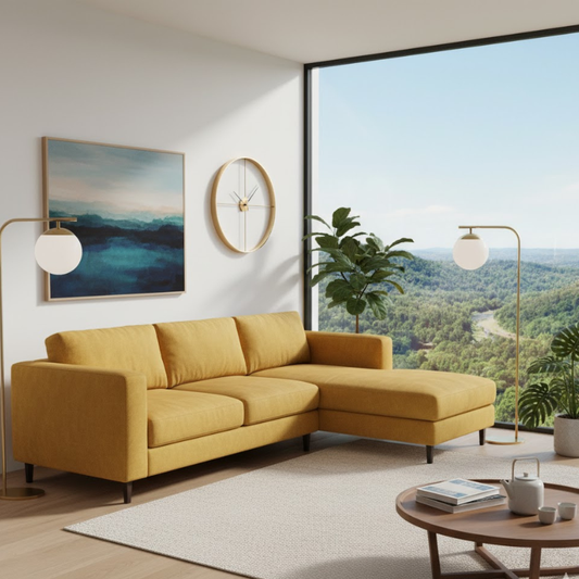 Elandor L-Shaped Lounge Modern Sofa In Plush Velvet Fabric