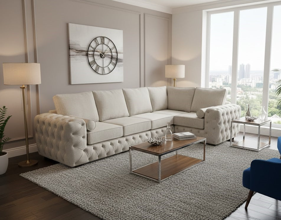 Lampy Chesterfield Corner Sofa High Cushions Plush Velvet L Shaped Sectional Sofa for Living Room