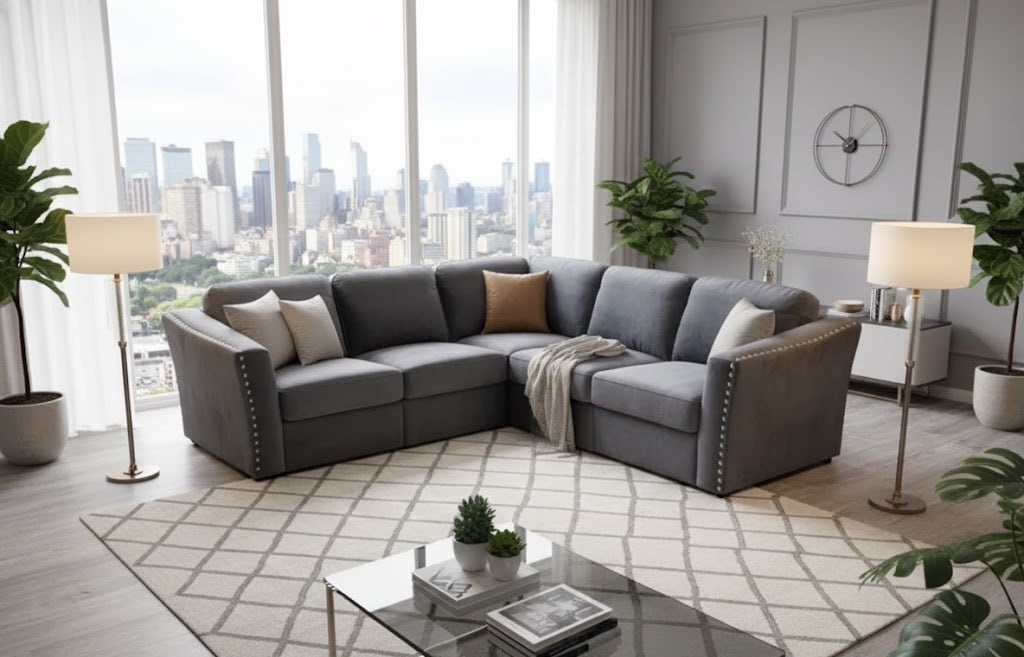 Lincoln 4-Piece Modular Corner Sofa, Velvet Upholstery, Spacious Seating.