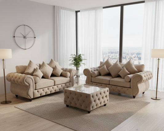 Malibo Beige Plush Velvet, 3 plus 2 Seater Sofa Set with Coffee Table