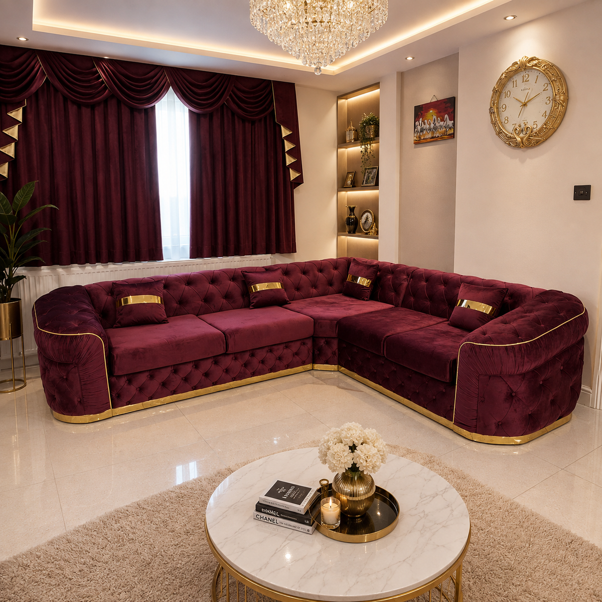 Nampi L Shape Sofa in Plush Velvet Fabric