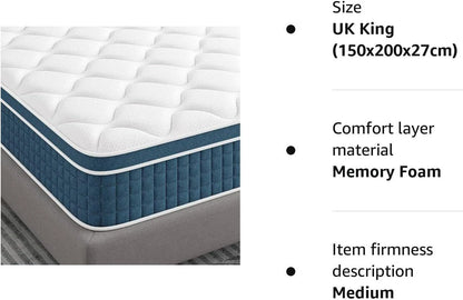 27cm Hybrid Mattress Memory Foam Supportive Sprung 3FT 4FT 4FT6 5FT 6FT King UK