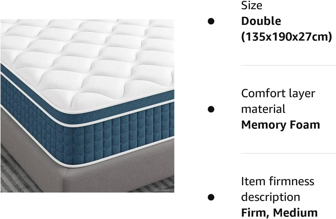 27cm Hybrid Mattress Memory Foam Supportive Sprung 3FT 4FT 4FT6 5FT 6FT King UK